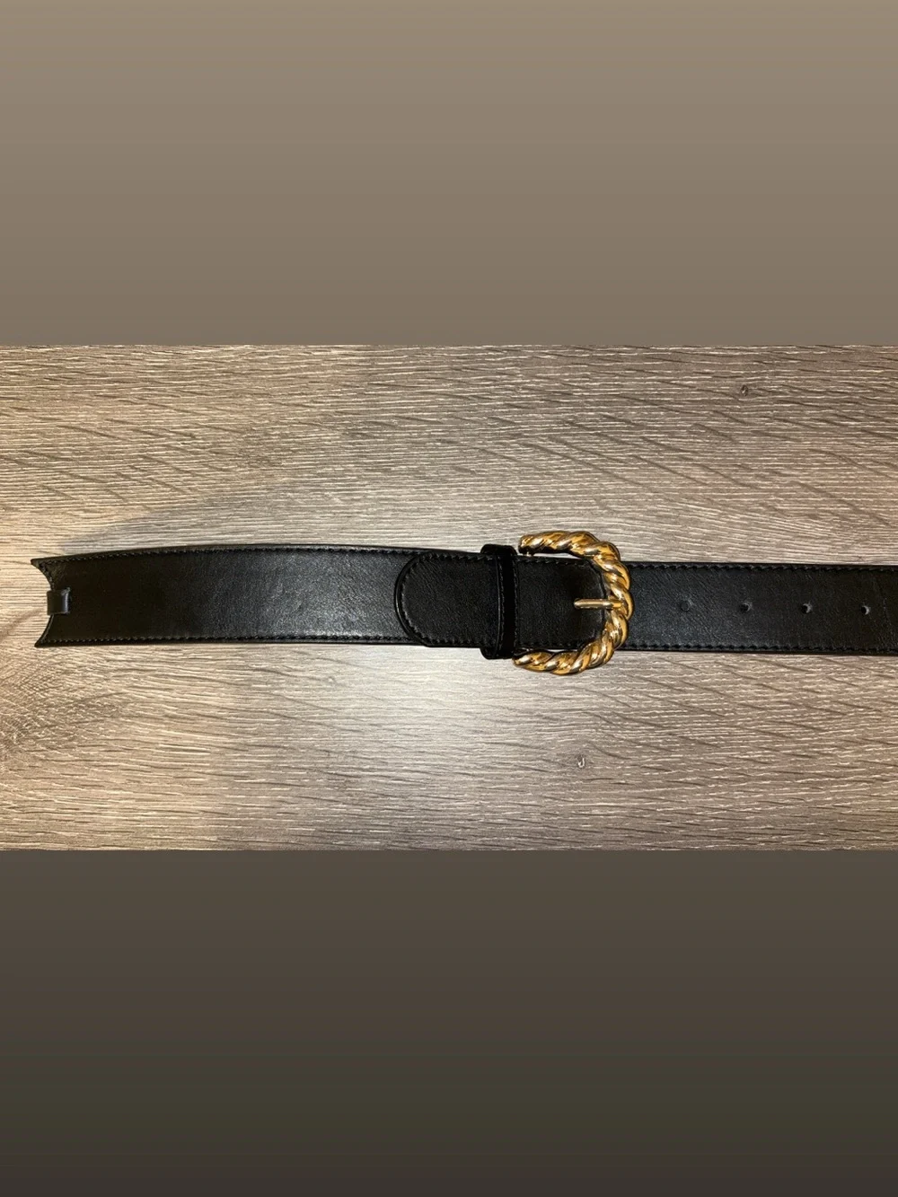 H&M Black Leather Belt with Twisted Gold Buckle